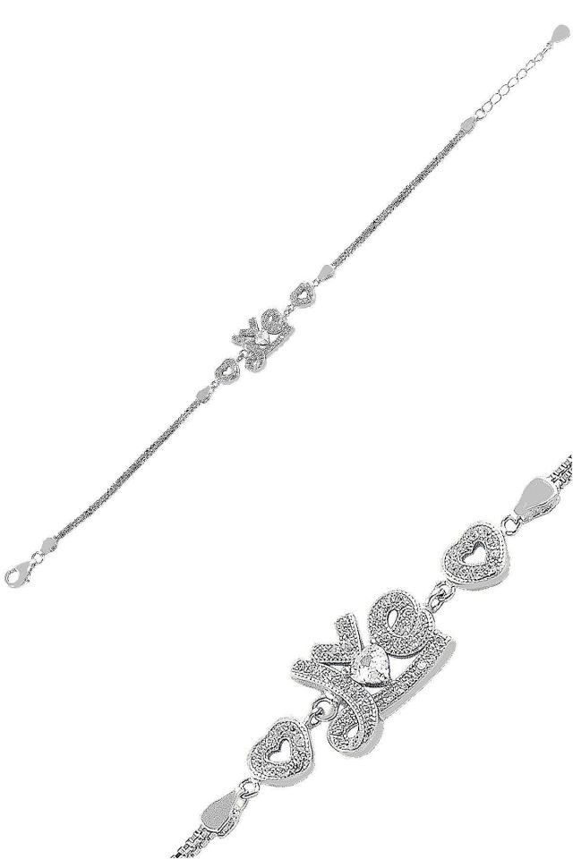 Love Yazılı ve Kalpli Bileklik – 925 Ayar Gümüş, Rodyum Kaplama