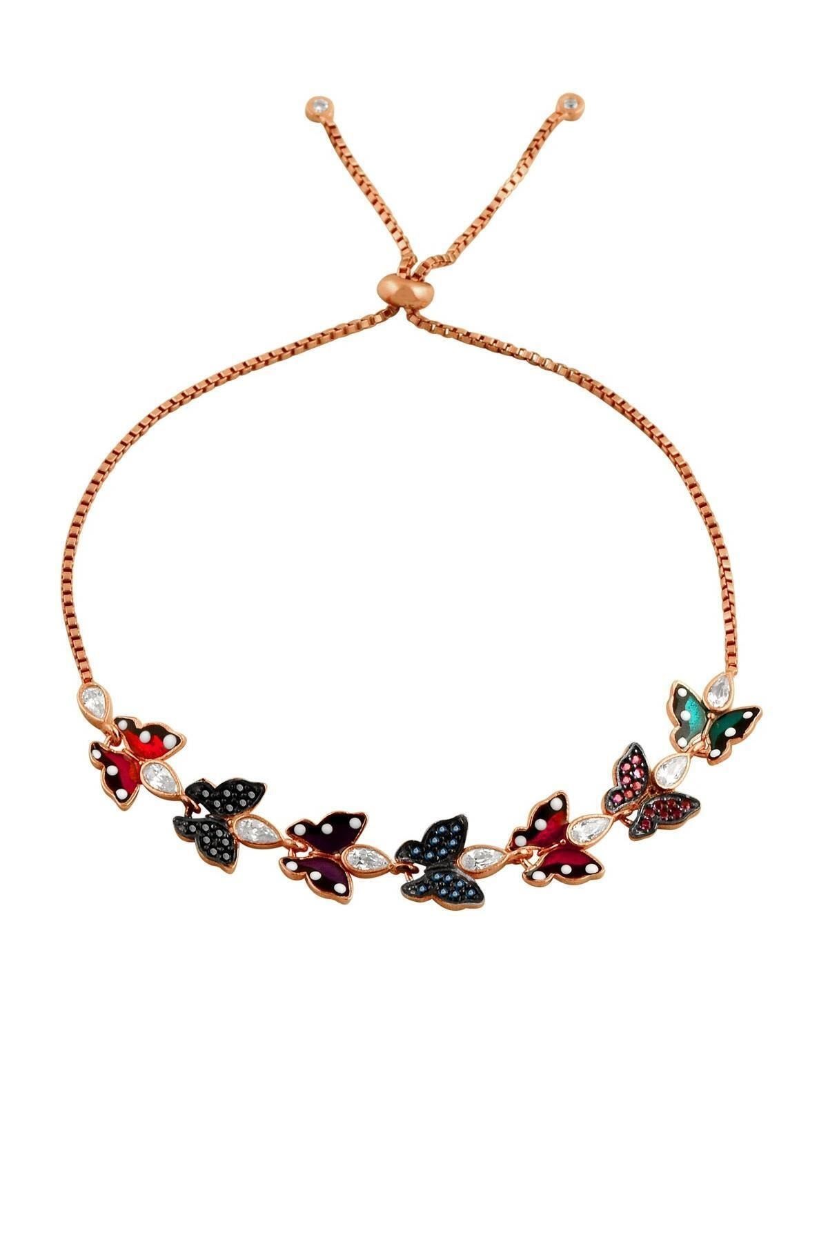 Renkli Mineli Kelebek Figürlü Asansörlü Rose Altın Kaplama Bileklik