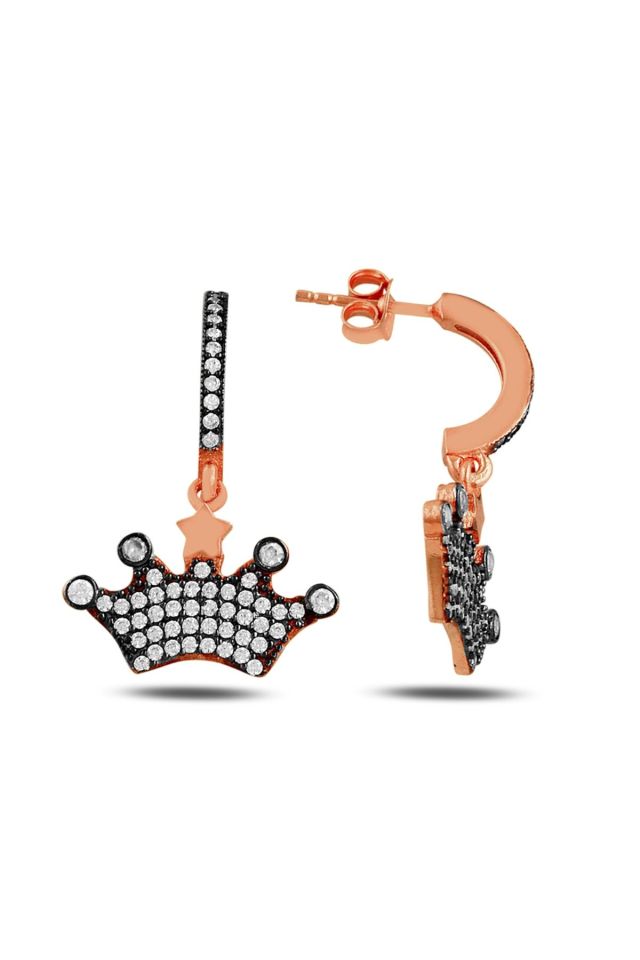 Beyaz Taşlı Taç Küpe - 925 Ayar Gümüş (Rose Gold Kaplama)