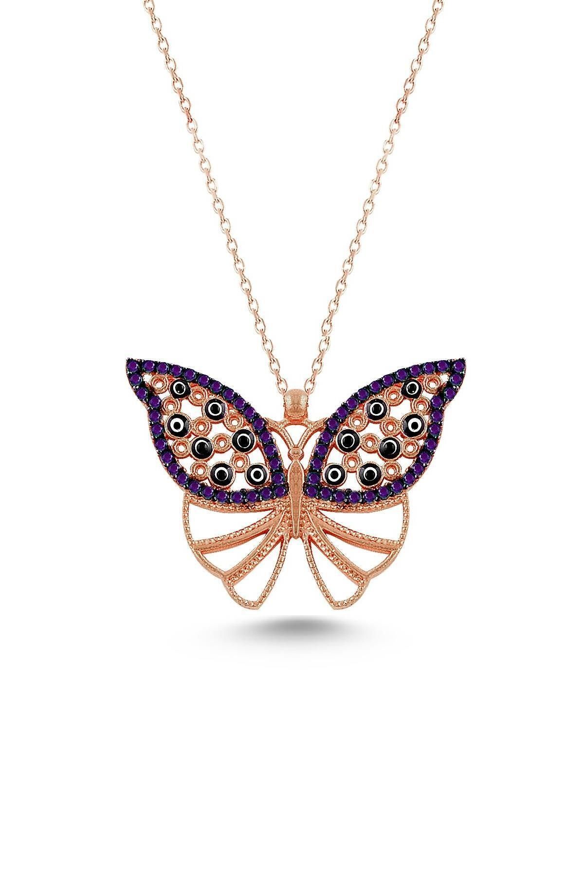 Nazar İşlemeli Kelebek Kolye – Mor Zirkon Detaylı – 925 Ayar Gümüş, Rose Gold Kaplama