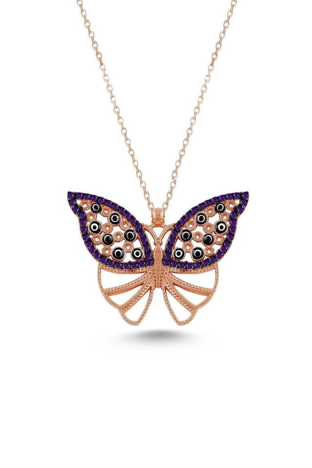 Nazar İşlemeli Kelebek Kolye – Mor Zirkon Detaylı – 925 Ayar Gümüş, Rose Gold Kaplama