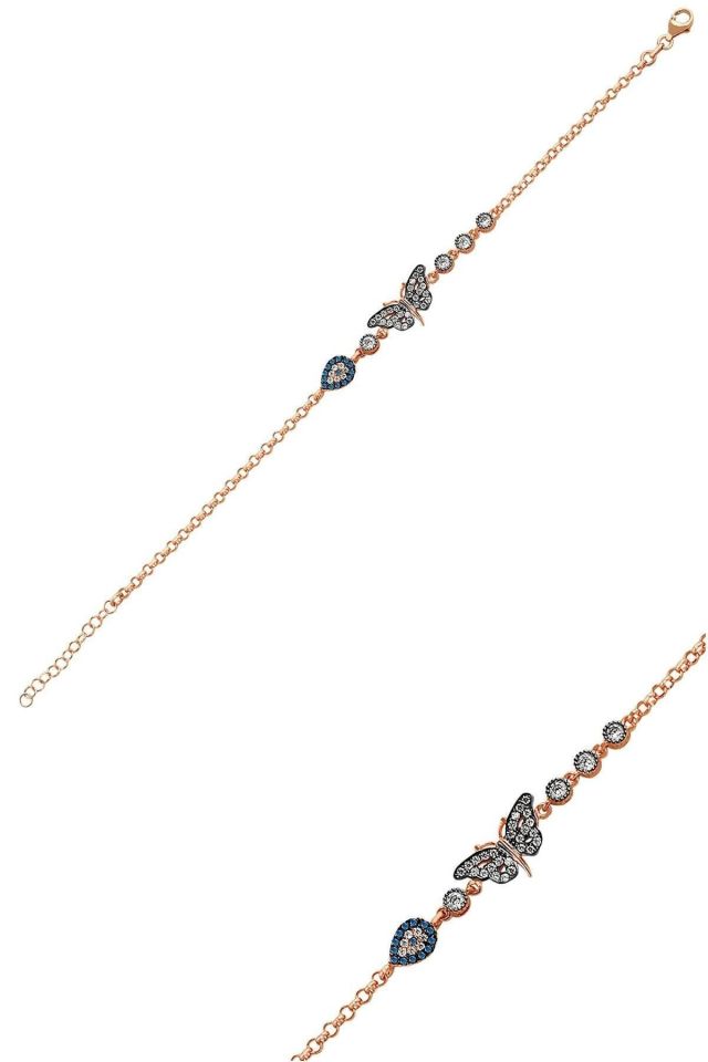925 Ayar Gümüş Rose Gold Kaplamalı Nazar ve Kelebek Figürlü Zincir Bileklik