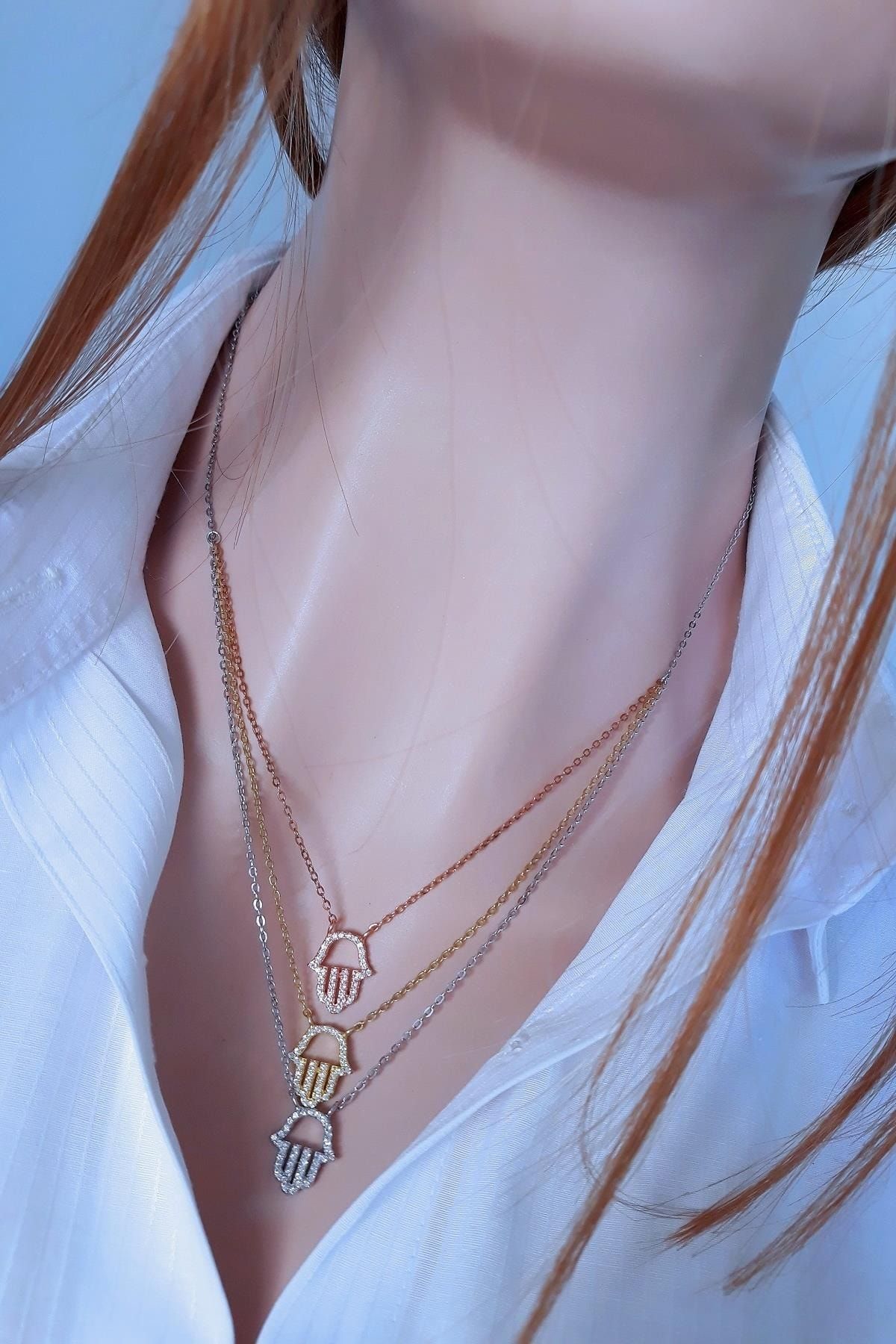 Kadın Üç Sıra Üç Renk Fatma Ana Eli Kolye