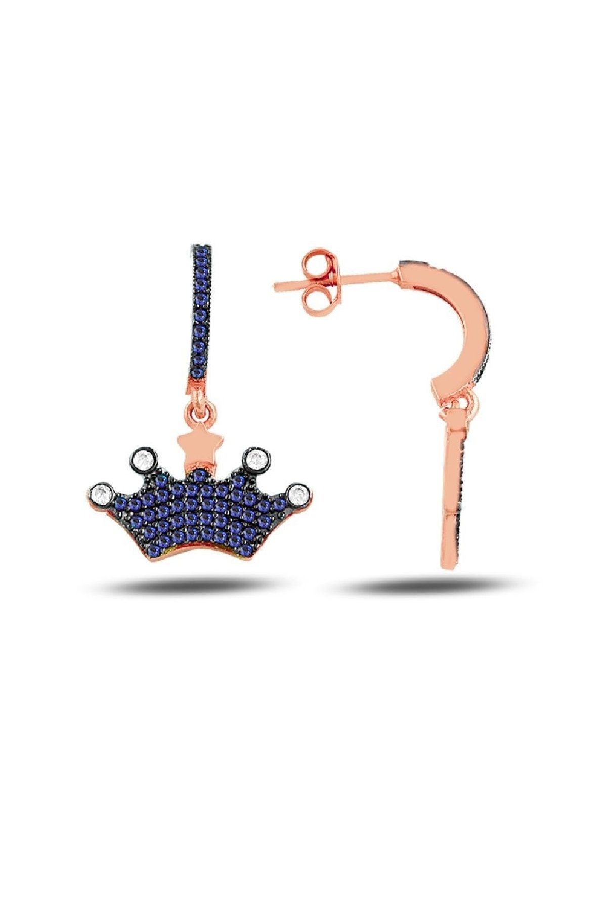Lacivert Taşlı Taç Küpe – 925 Ayar Gümüş (Rose Gold Kaplama)