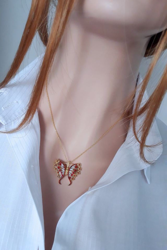 Rose Gold Kaplama Mine İşlemeli Bahar Kelebek Kolye – 925 Ayar Gümüş