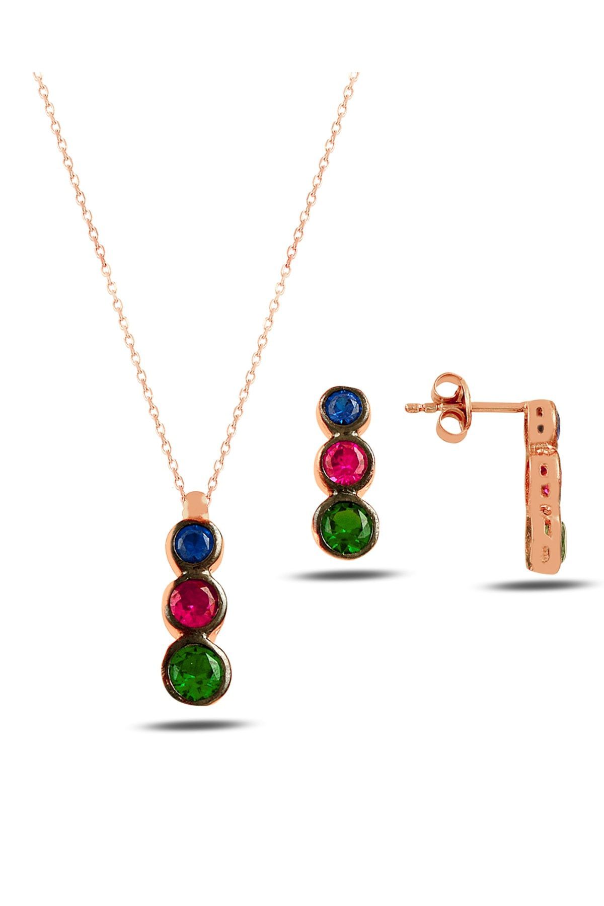 Multicolor Tria Kolye ve Küpe İkili Seti - 925 Ayar Gümüş, Rose Altın Kaplama