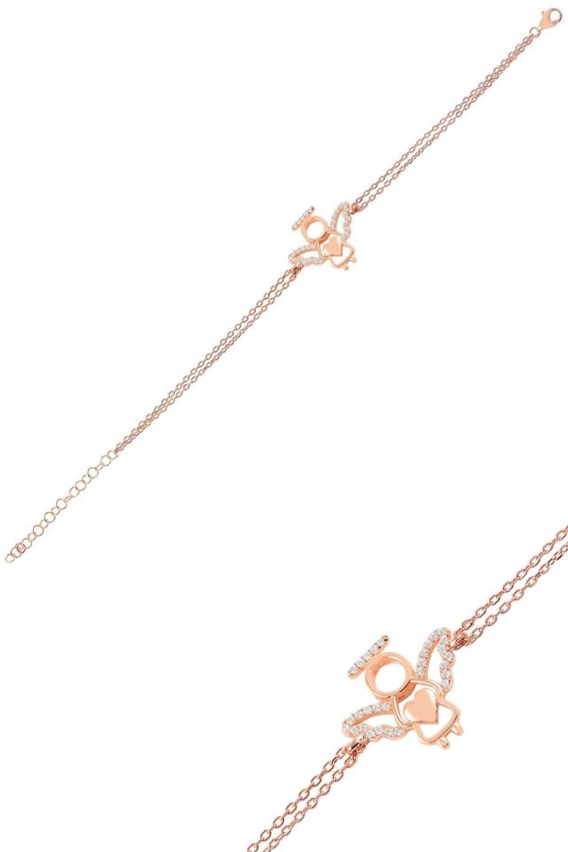 Altın Kalpli Melek Zincir Bileklik - 925 Ayar Gümüş - Rose Gold Kaplamalı