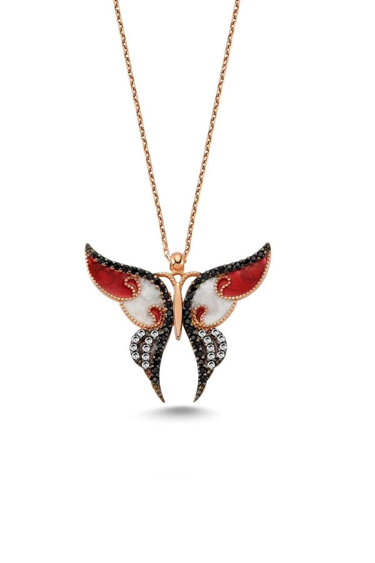 Güneşin Kızı Kırmızı Kelebek Kolye - 925 Ayar Gümüş | Rose Gold Kaplama