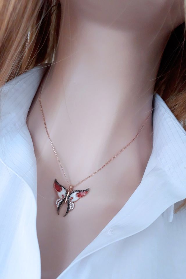 Güneşin Kızı Kırmızı Kelebek Kolye - 925 Ayar Gümüş | Rose Gold Kaplama