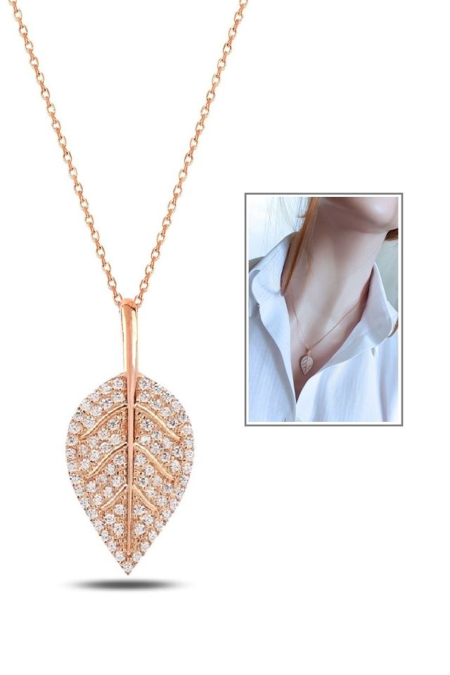 925 Gümüş Rose Gold Yaprak Motifli Kolye, Beyaz Taşlı, 40+5 cm Zincir
