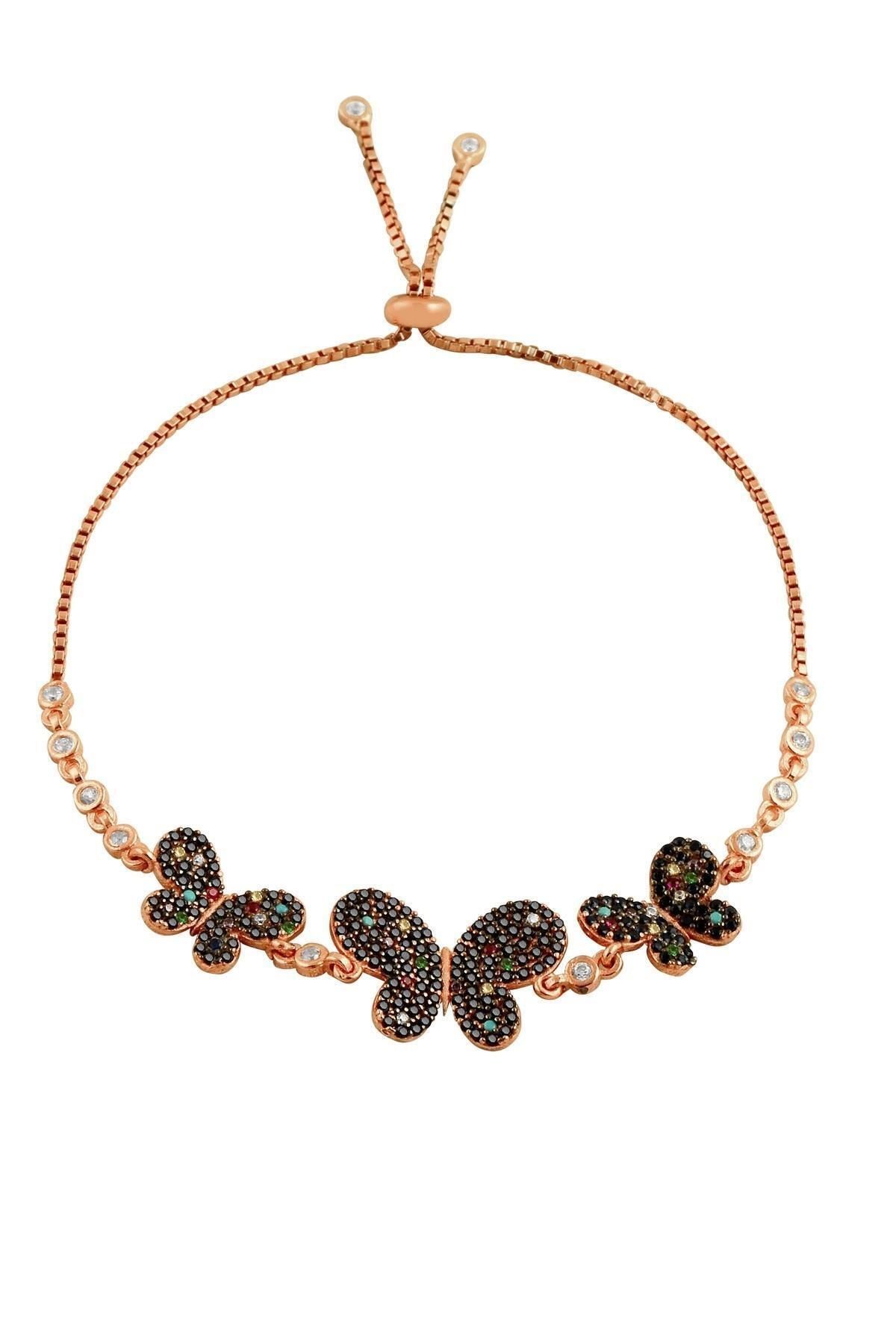 Siyah Taşlı Üç Kelebekli Suyolu Bileklik – 925 Ayar Gümüş - Rose Gold Kaplamalı