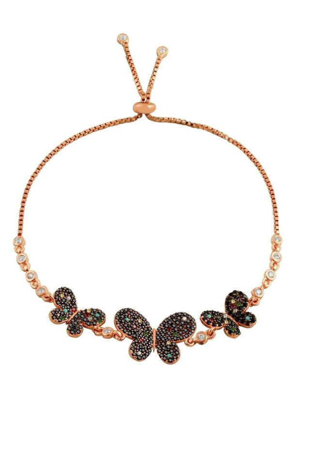 Siyah Taşlı Üç Kelebekli Suyolu Bileklik – 925 Ayar Gümüş - Rose Gold Kaplamalı