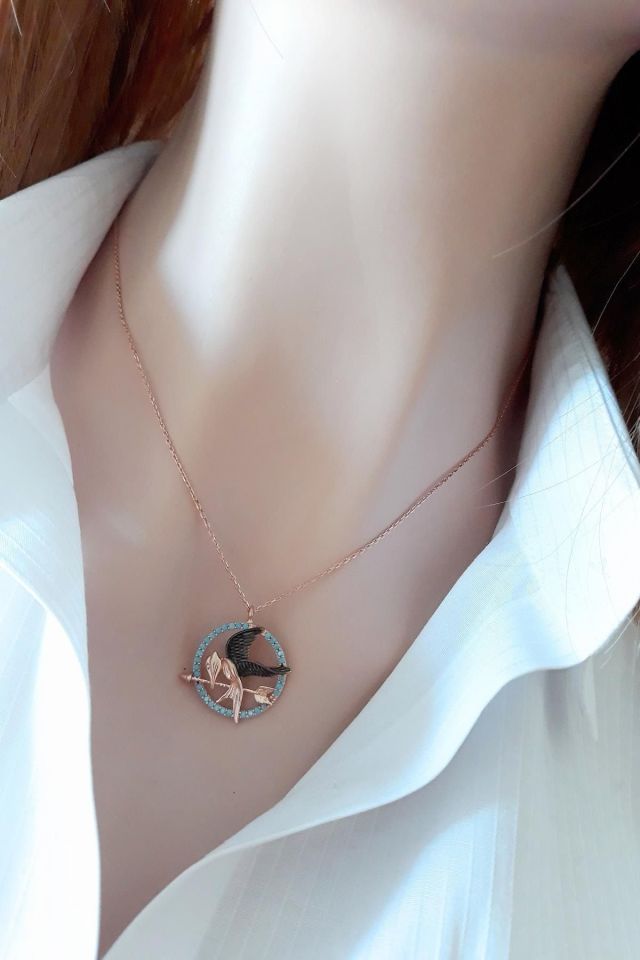 Kadın Rose Mavi Firuze Taşlı Alaycı Kuş Kolye