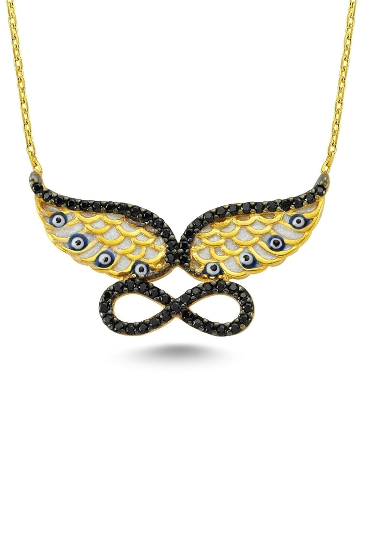 Kadın Sedefli Siyah Zirkon Sonsuz Kanatlar Kolye RMS17196