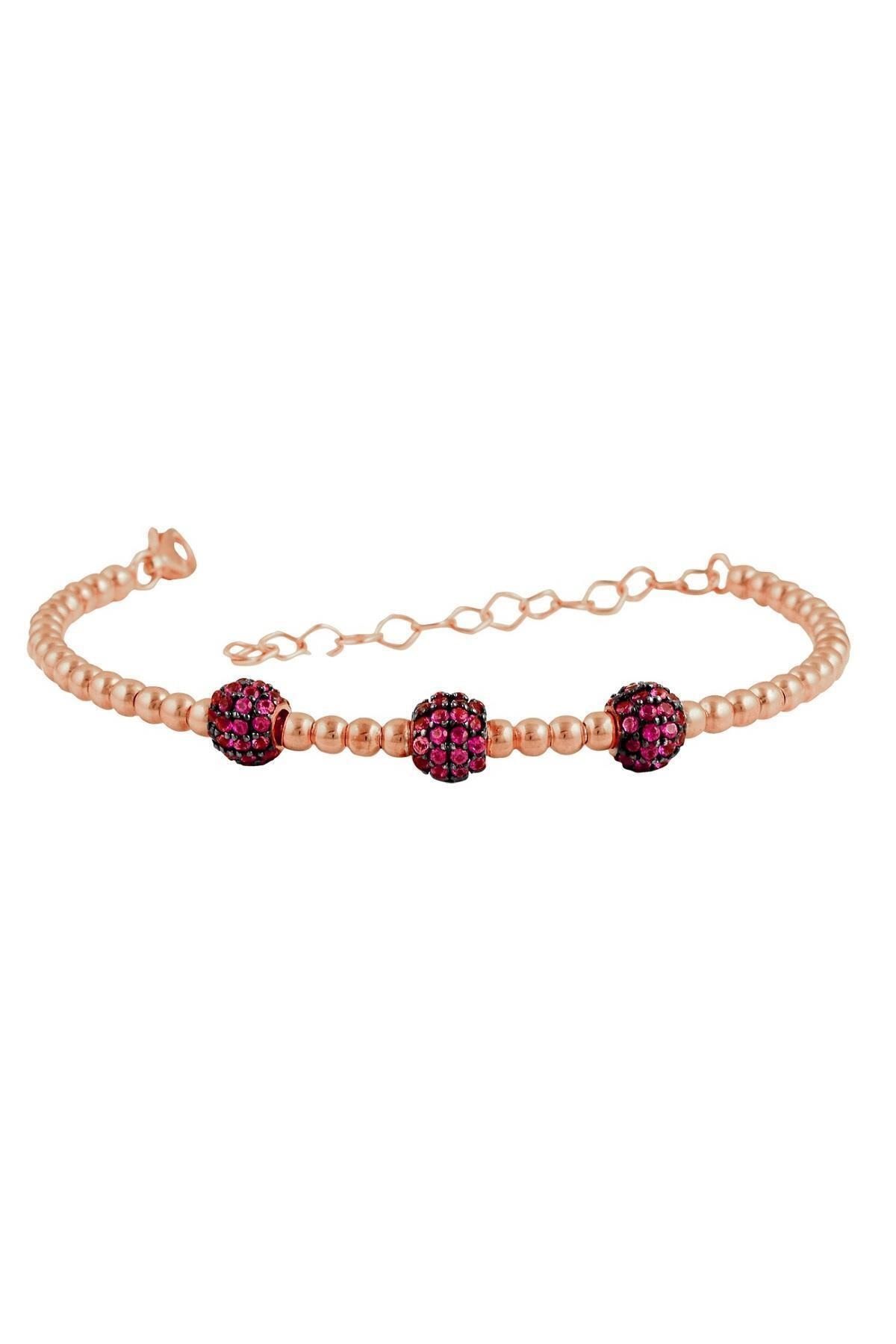 Rose Gold Kaplamalı 3 Taşlı Boncuk Zincir Bileklik