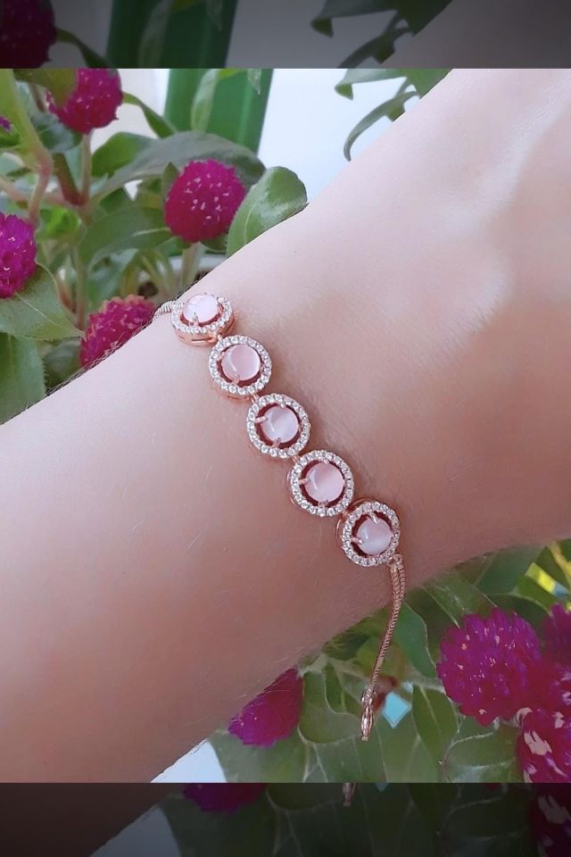 Kadın Yuvarlak Pudra Sedef Taşlı Rose Bileklik