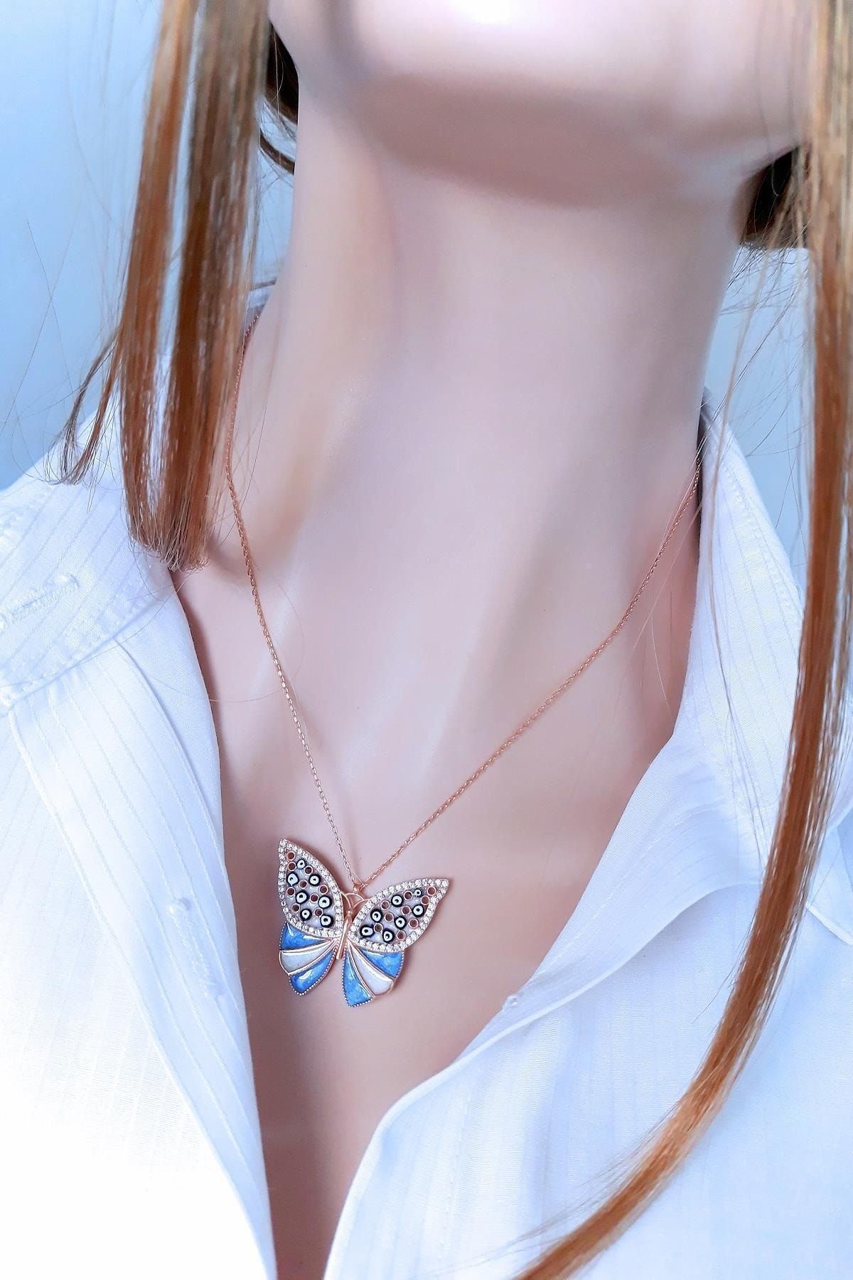 Menekşe Mavisi Mineli Rose Sır Kelebek Kolye