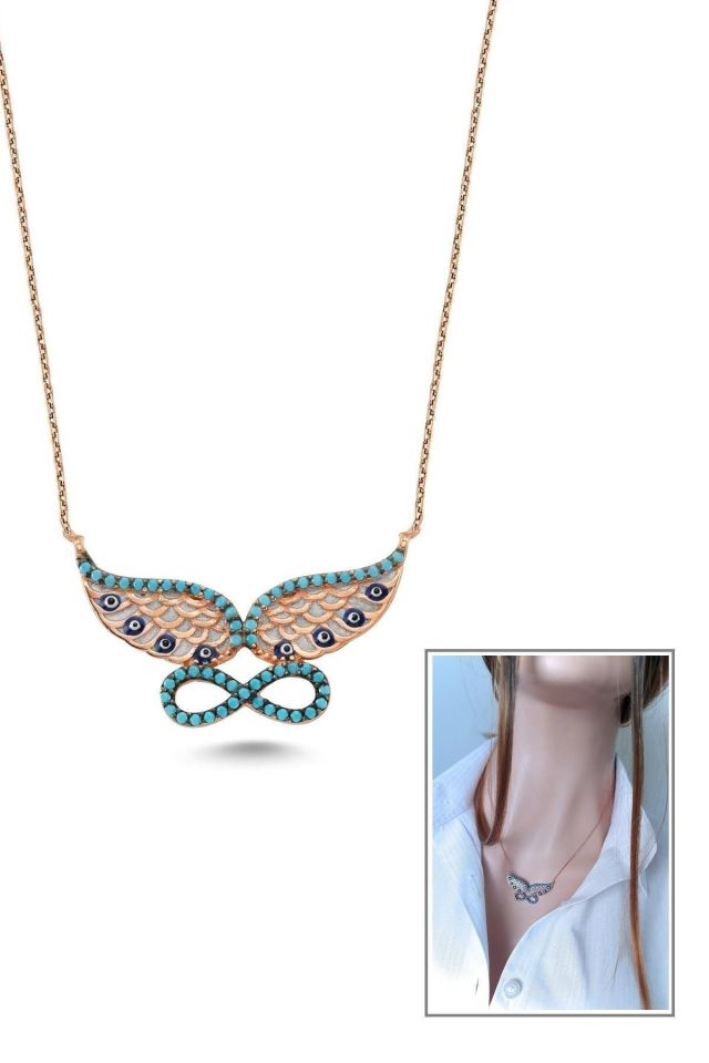 Nazarlı Kanat ve Sonsuzluk Kolyesi – 925 Ayar Gümüş | Rose Gold Kaplamalı