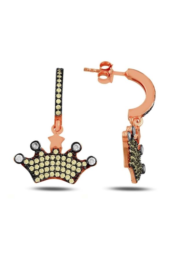 Sarı Taşlı Taç Küpe – 925 Ayar Gümüş (Rose Gold Kaplama)