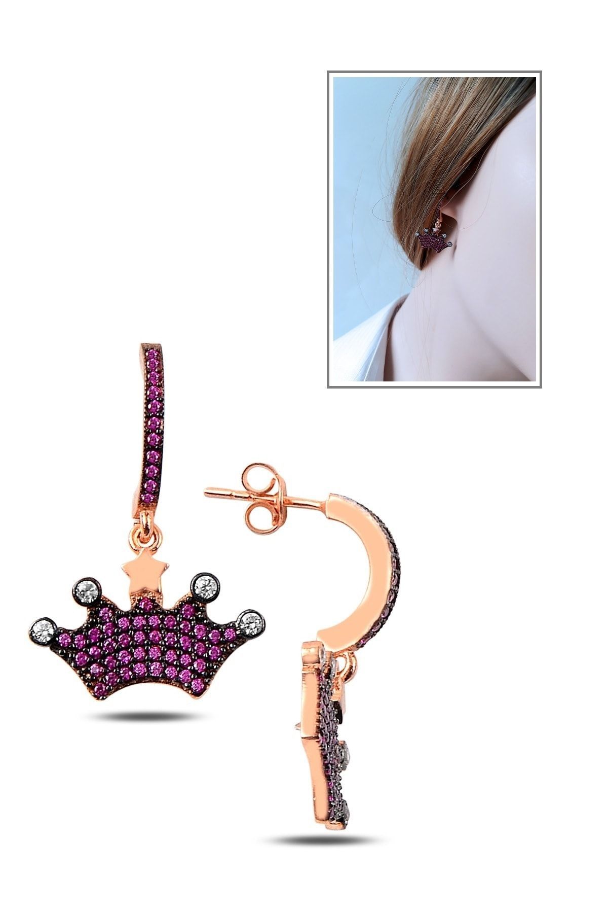 Fuşya Taşlı Taç Küpe – 925 Ayar Gümüş (Rose Gold Kaplama)