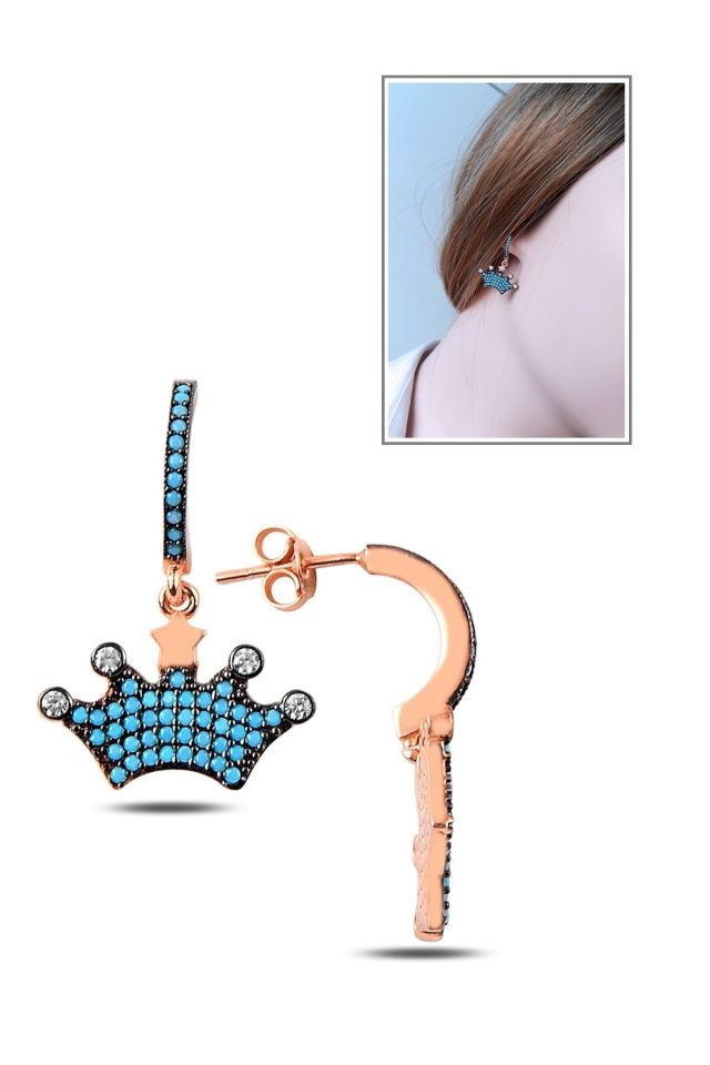 Turkuaz Taşlı Taç Küpe – 925 Ayar Gümüş (Rose Gold Kaplama)