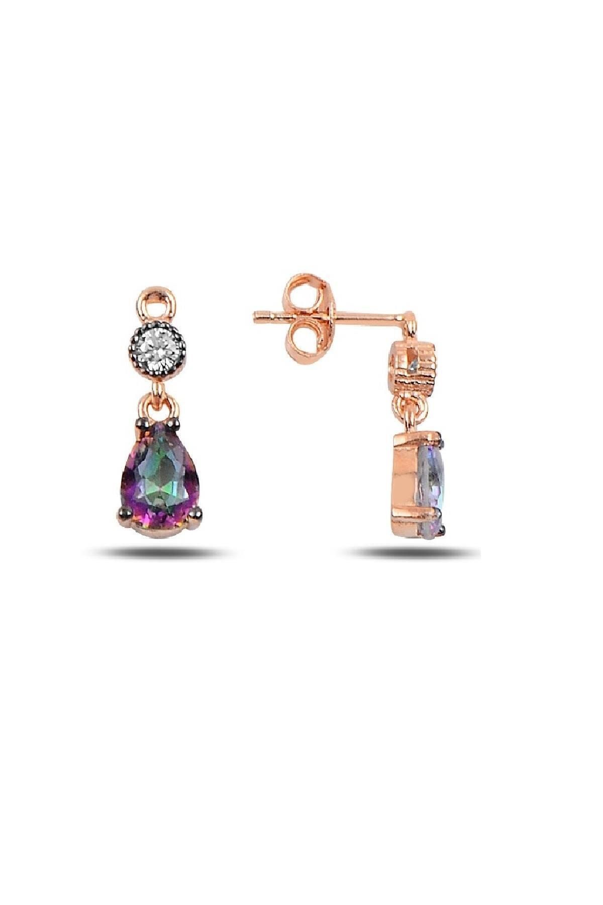 Elmas Montürlü Topaz Damla Taş Küpe _rose