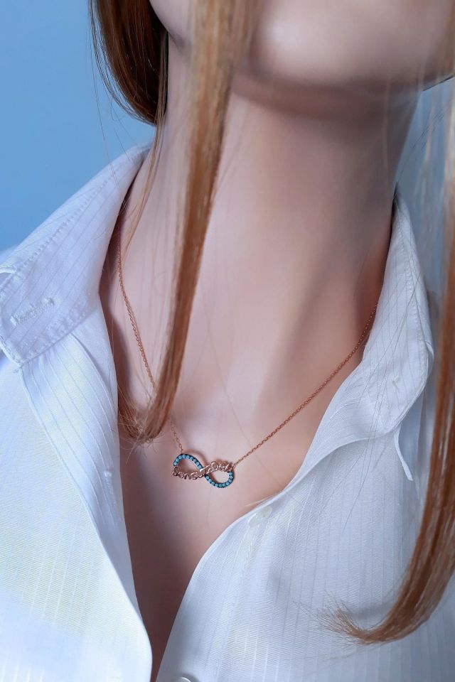 Turkuaz Taşlı ''Sonsuza Dek'' Yazılı Sonsuzluk Kolyesi – Rose Gold Kaplama, 925 Ayar Gümüş | Chekmece