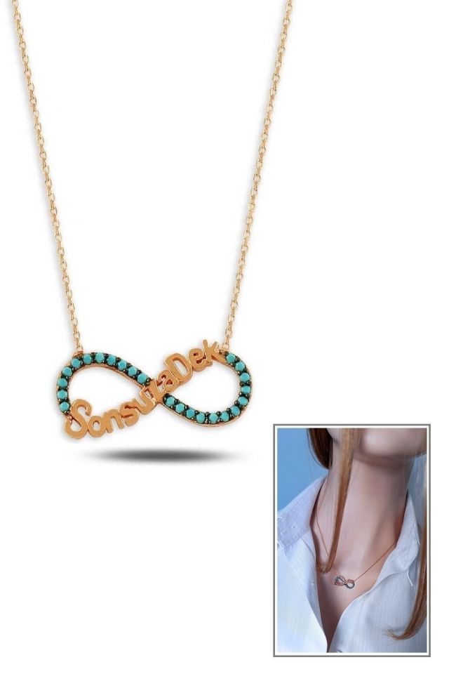 Turkuaz Taşlı ''Sonsuza Dek'' Yazılı Sonsuzluk Kolyesi – Rose Gold Kaplama, 925 Ayar Gümüş | Chekmece