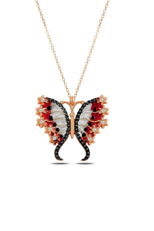 Rose Gold Kaplama Mine İşlemeli Bahar Kelebek Kolye – 925 Ayar Gümüş