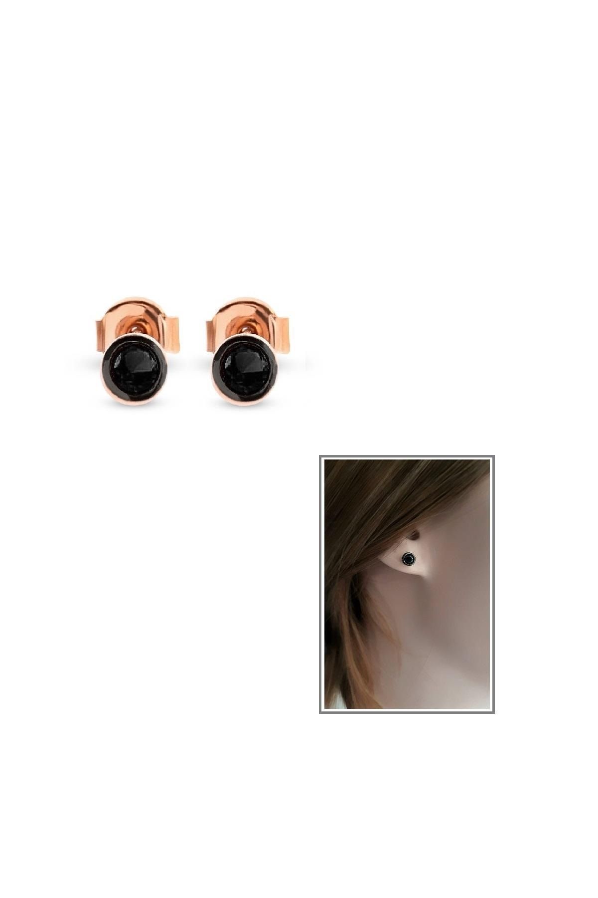 Siyah Taşlı Rodajlı Tektaş Gümüş Küpe – Rose Gold Kaplama