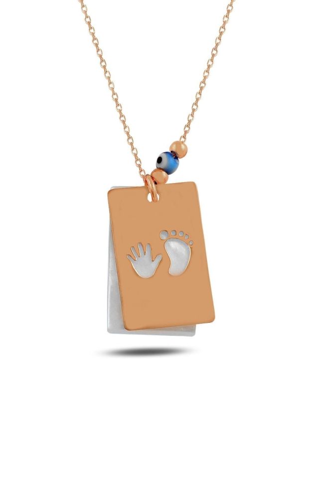 Bebek Eli ve Ayağı Figürlü Sedef Taşlı Kolye - 925 Ayar Gümüş, Rose Gold Kaplama