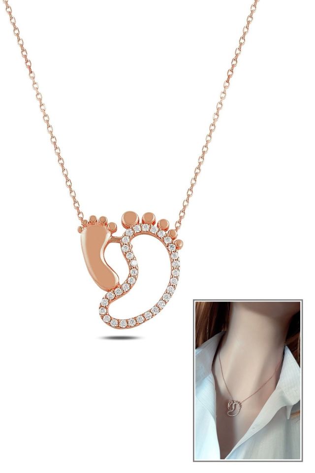 Rose Gold Kaplamalı Anne ve Bebek Ayak İzi Figürlü Gümüş Kolye