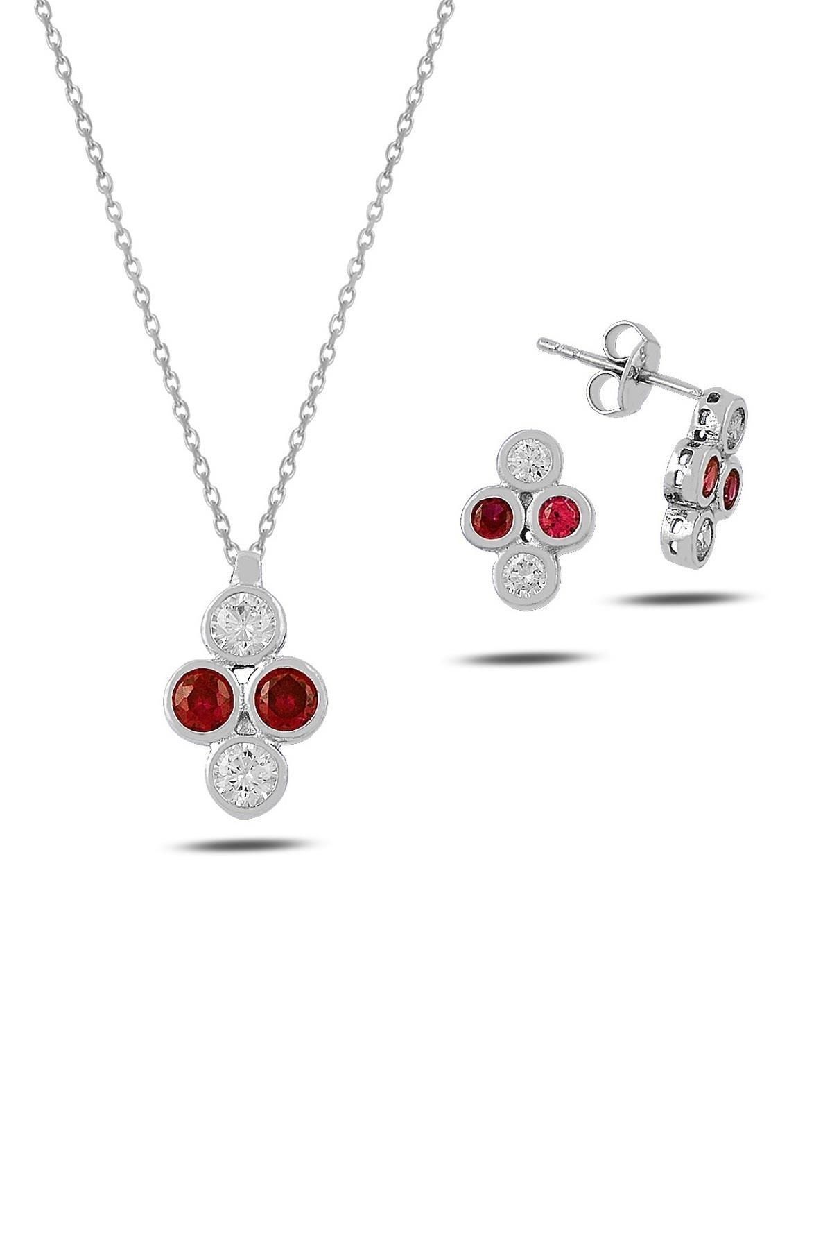 Fuşya Taşlı İkili Set - 925 Ayar Gümüş ve Rodyum Kaplama