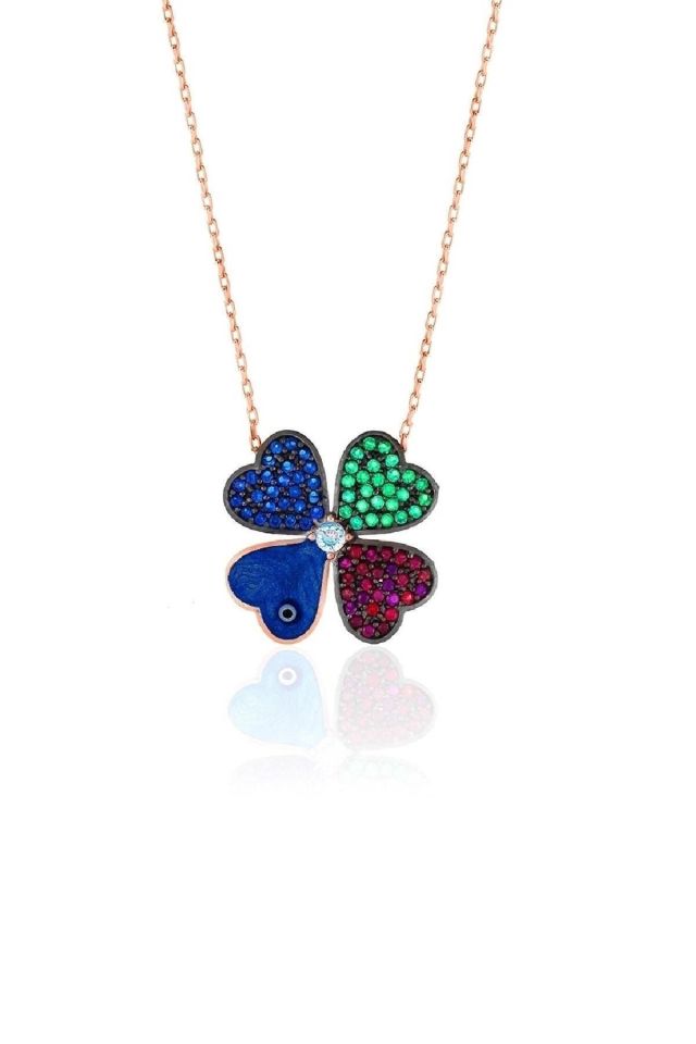 Multicolor Mavi Sedef ve Nazar Mineli Yonca Kolye – 925 Ayar Gümüş, Rose Gold Kaplama