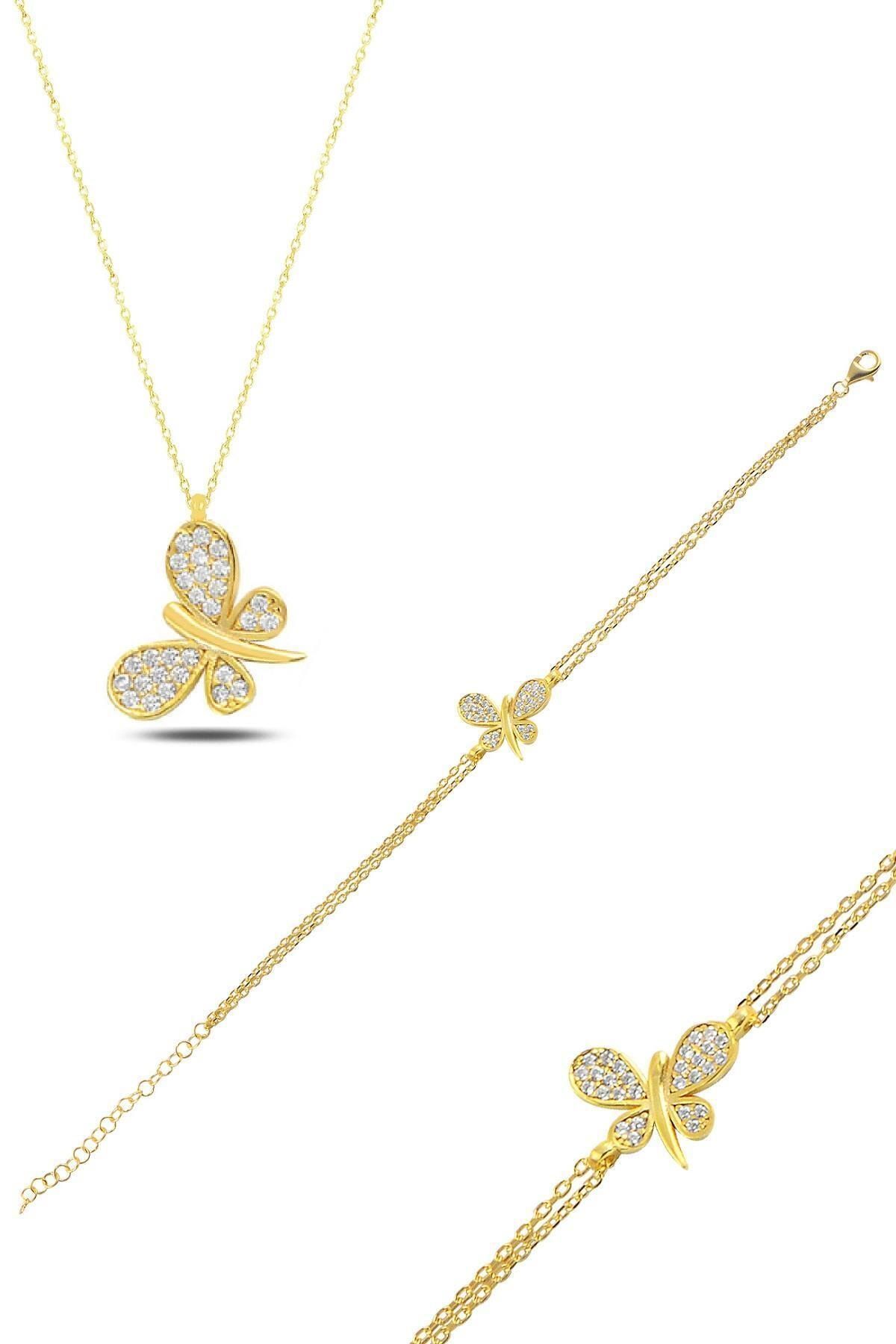 Kadın Mini Ak Kelebek Kolye Ve Bileklik İkili Takı Seti 14k Altın Kaplama