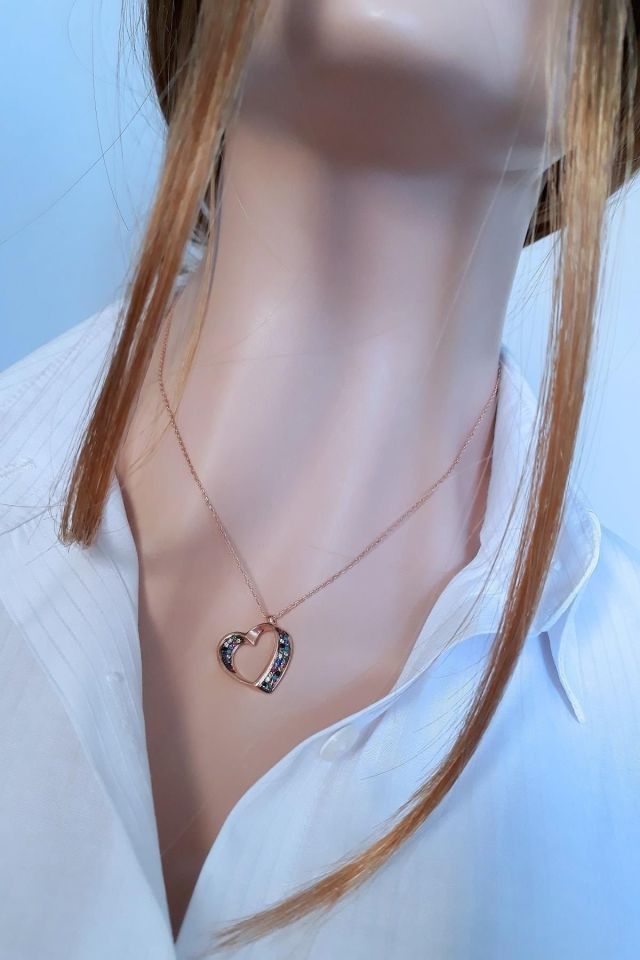 Multicolor Kalp Akis Kolye - Rose Gold Kaplamalı