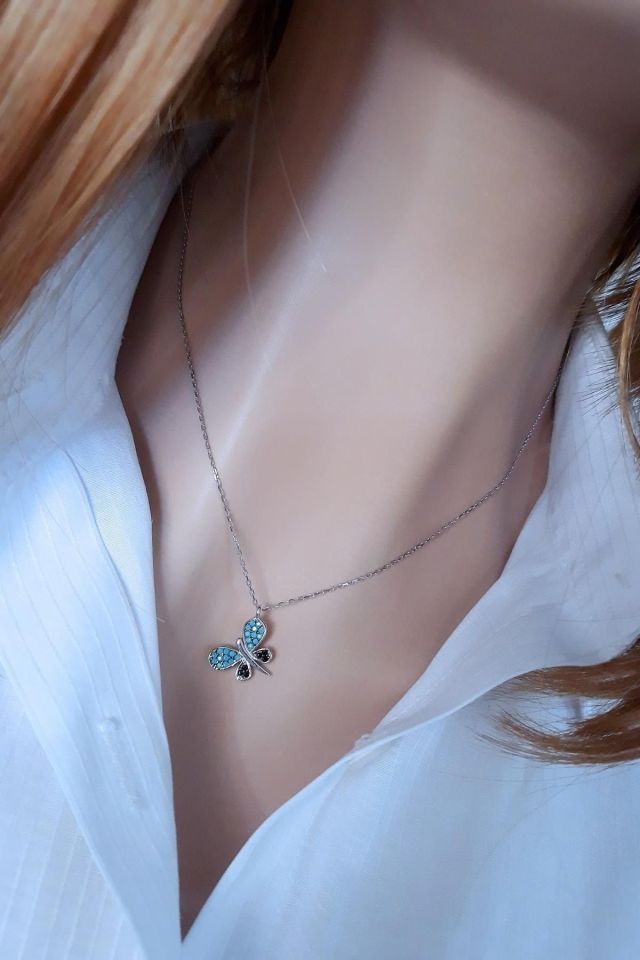 Kadın Mini Firuzeli Kelebek Kolye Ve Küpe İkili Takı Seti