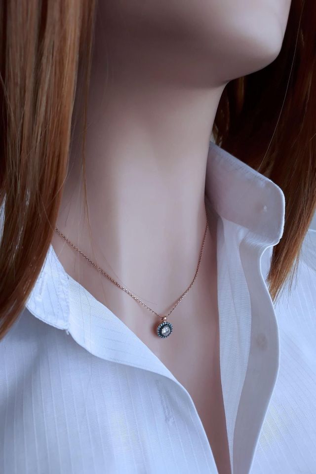 Kadın Rose Elmas Montürlü Firuze Taşlı Kolye Ve Küpe İkili Takı Seti
