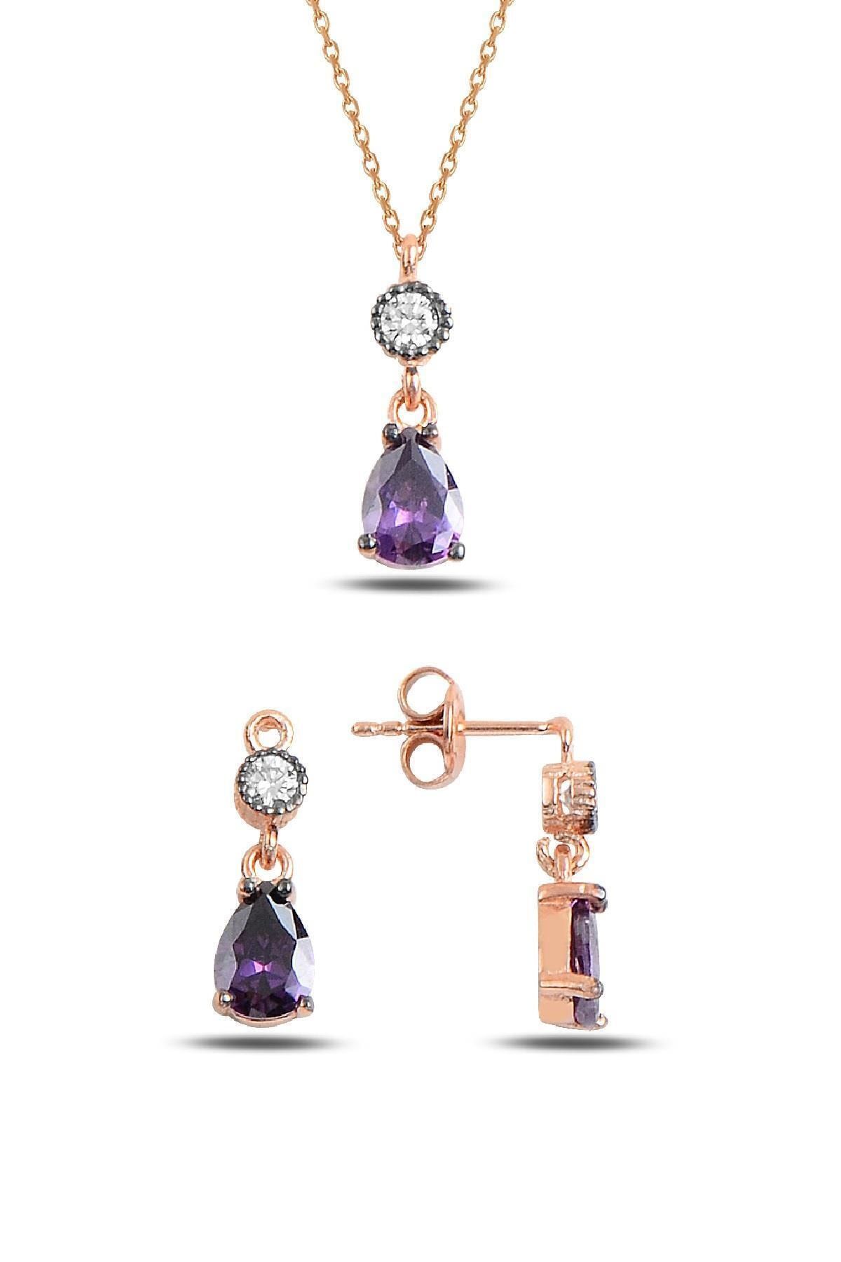 Kadın Rose Elmas Montürlü Ametist Damla İkili Takı Seti