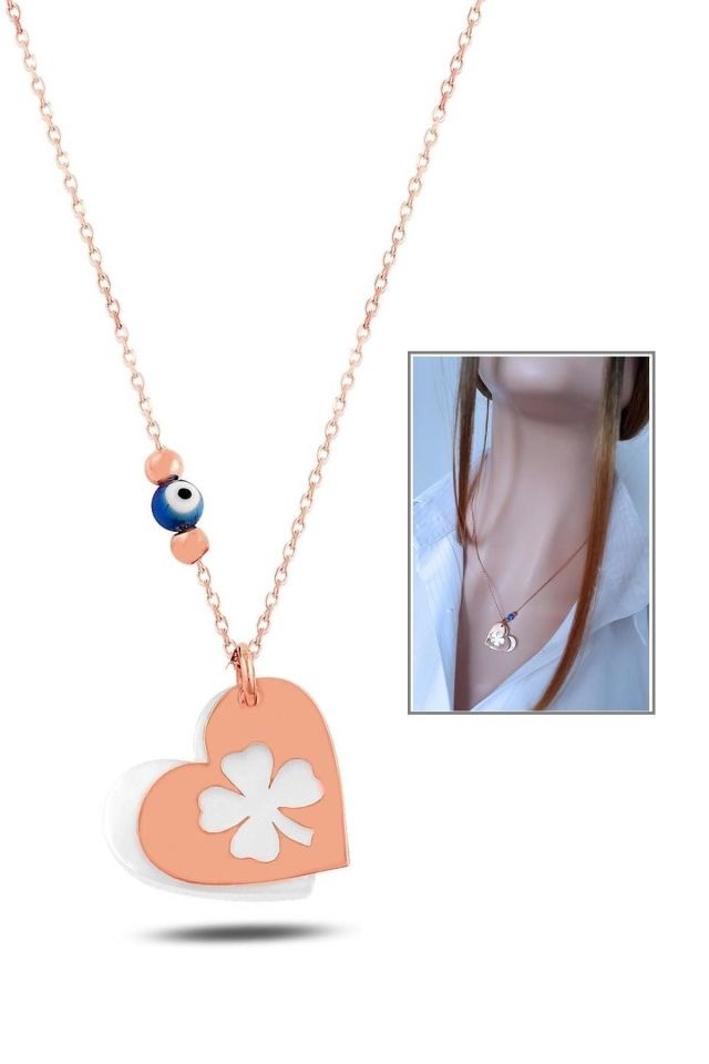 Yonca Figürlü Sedef Taşlı Kalp Kolye - 925 Ayar Gümüş, Rose Gold Kaplama