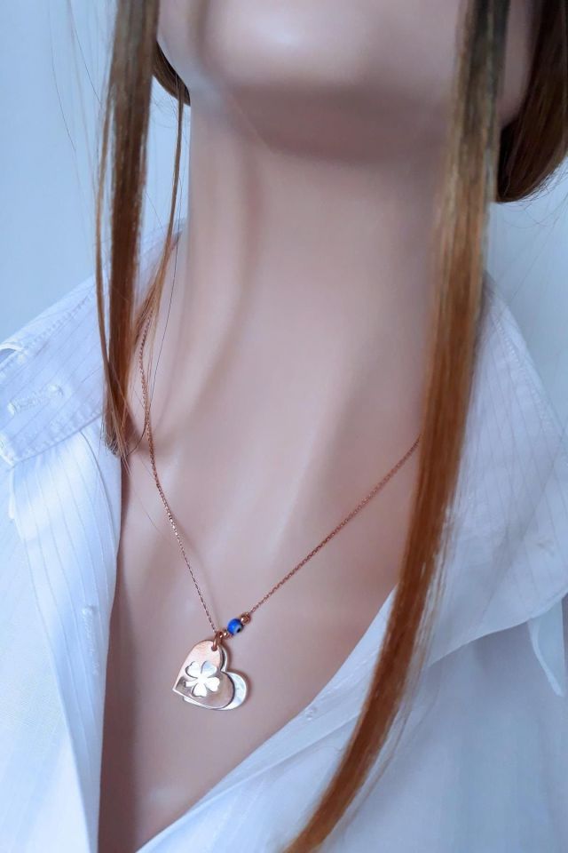 Yonca Figürlü Sedef Taşlı Kalp Kolye - 925 Ayar Gümüş, Rose Gold Kaplama