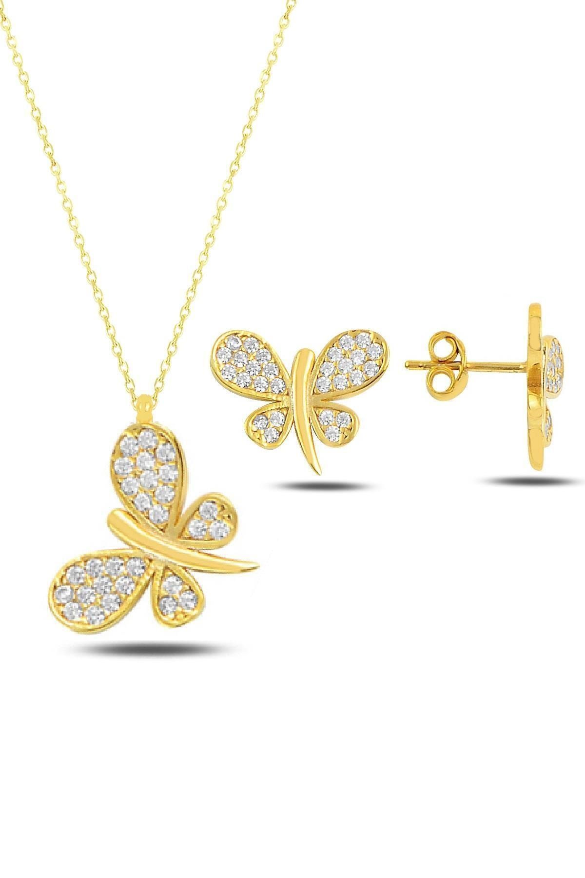 Kadın Mini Ak Kelebek Kolye Ve Küpe İkili Takı Seti 14k Altın Kaplama