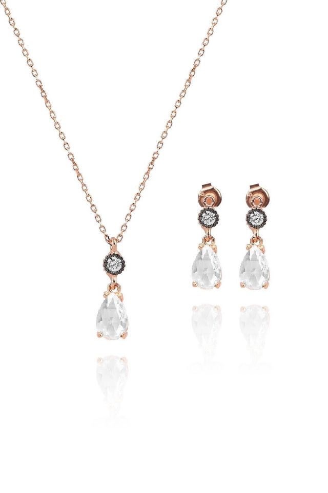 Elmas Montürlü Damla Kolye ve Küpe İkili Takı Seti - 925 Ayar Gümüş, Rose Gold Kaplama