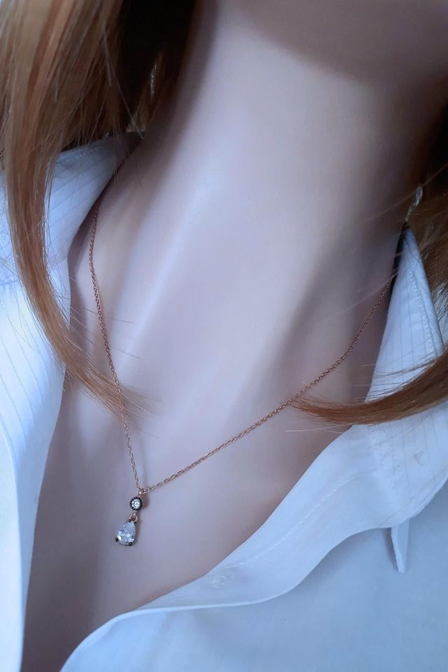Elmas Montürlü Damla Kolye ve Küpe İkili Takı Seti - 925 Ayar Gümüş, Rose Gold Kaplama