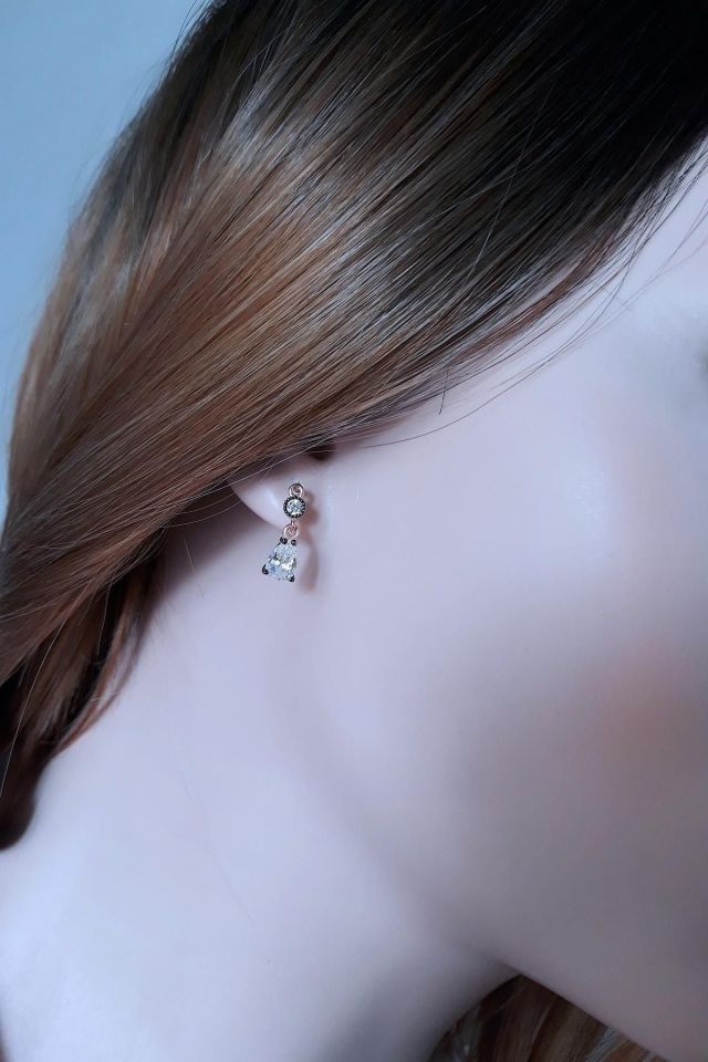 Elmas Montürlü Damla Kolye ve Küpe İkili Takı Seti - 925 Ayar Gümüş, Rose Gold Kaplama