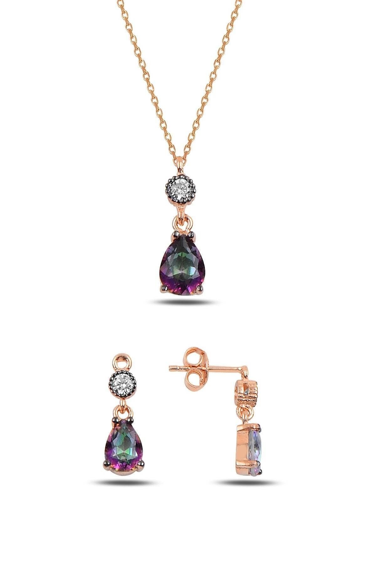 Kadın Rose Elmas Montürlü Topaz Damla İkili Takı Seti