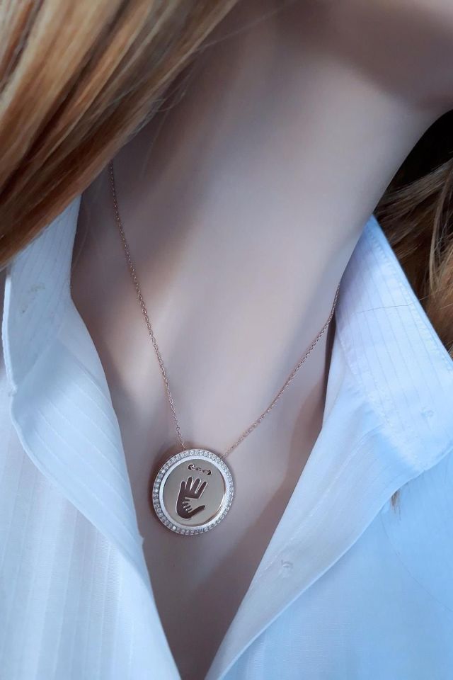 925 Ayar Gümüş Rose Gold Kaplama Anne Bebek El İzli Kolye
