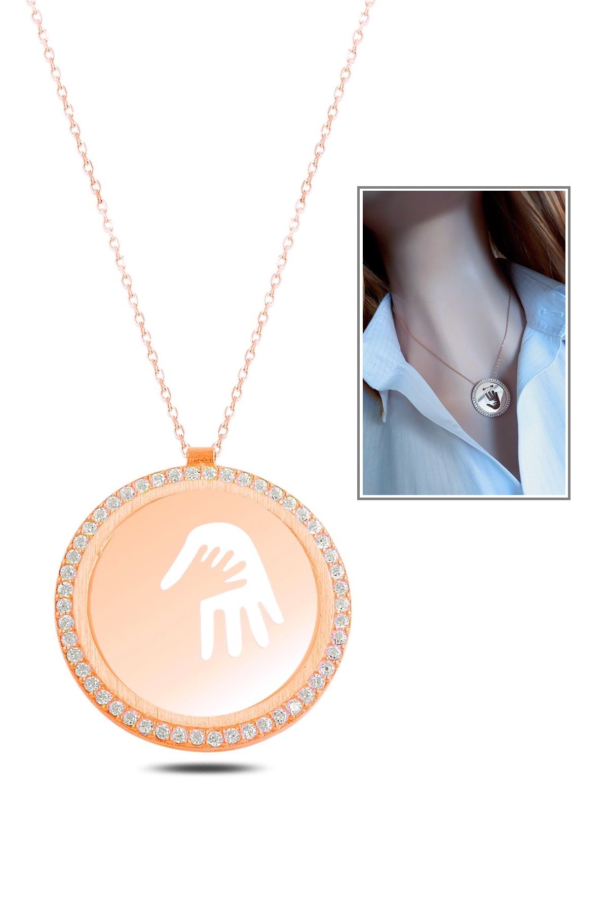 925 Ayar Gümüş Rose Gold Kaplama Anne Bebek El İzli Kolye