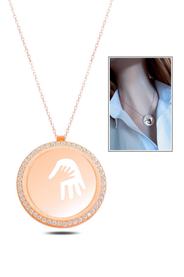 925 Ayar Gümüş Rose Gold Kaplama Anne Bebek El İzli Kolye