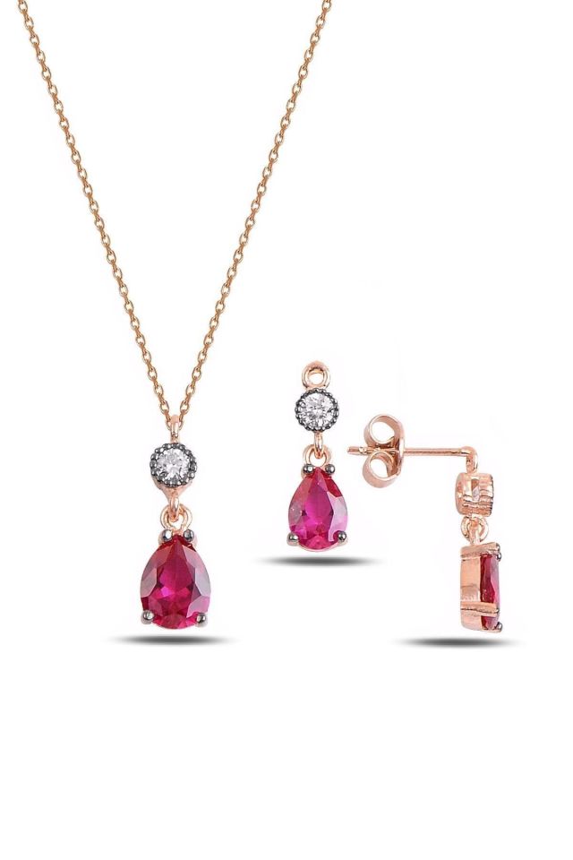 Kadın Pembe Elmas Montürlü Ruby Damla Ikili Takı Seti